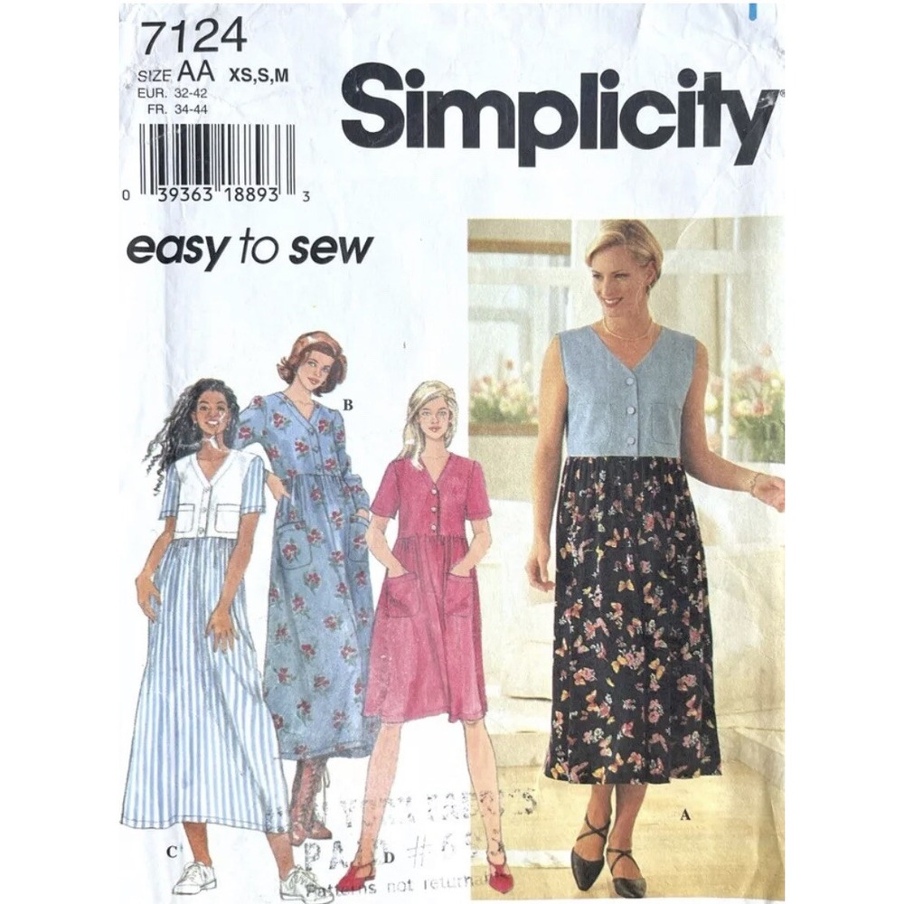 Vintage Simplicity 7124 Misses Dress Sewing Pattern 90s Size XS S M Cut Complete